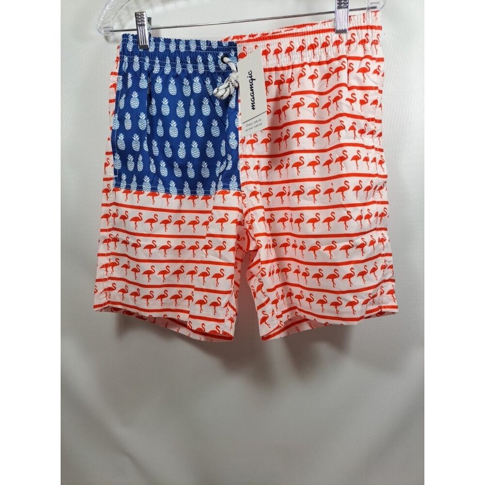 NWT Maamgic Swim Trunks Pineapple Flamingo Shorts Mesh Mens Size Large Blue Pink
